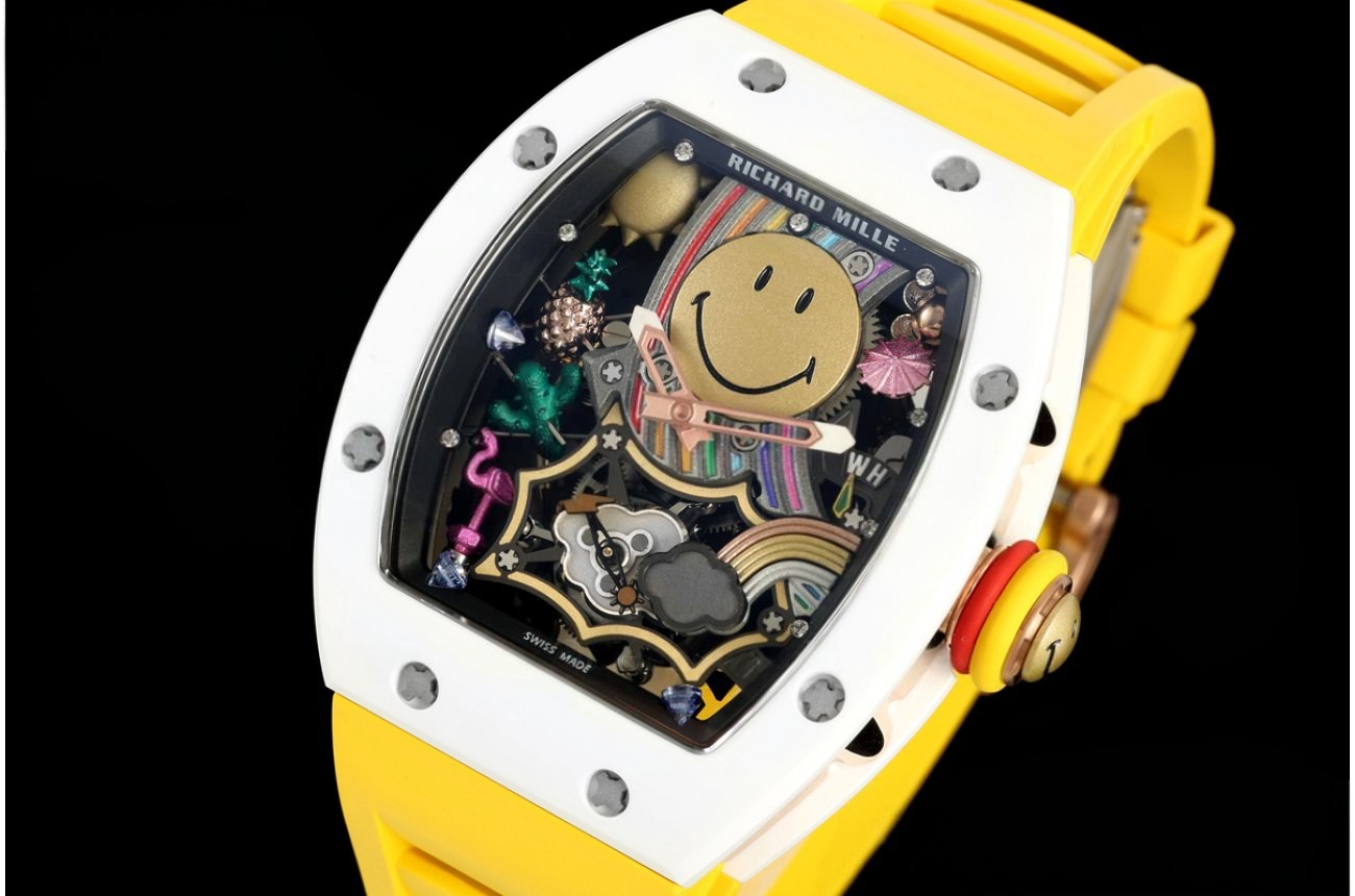 RM88 Smiley 41mm White Ceramic Skeleton Dial on Yellow Rubber Strap RMF Tourb