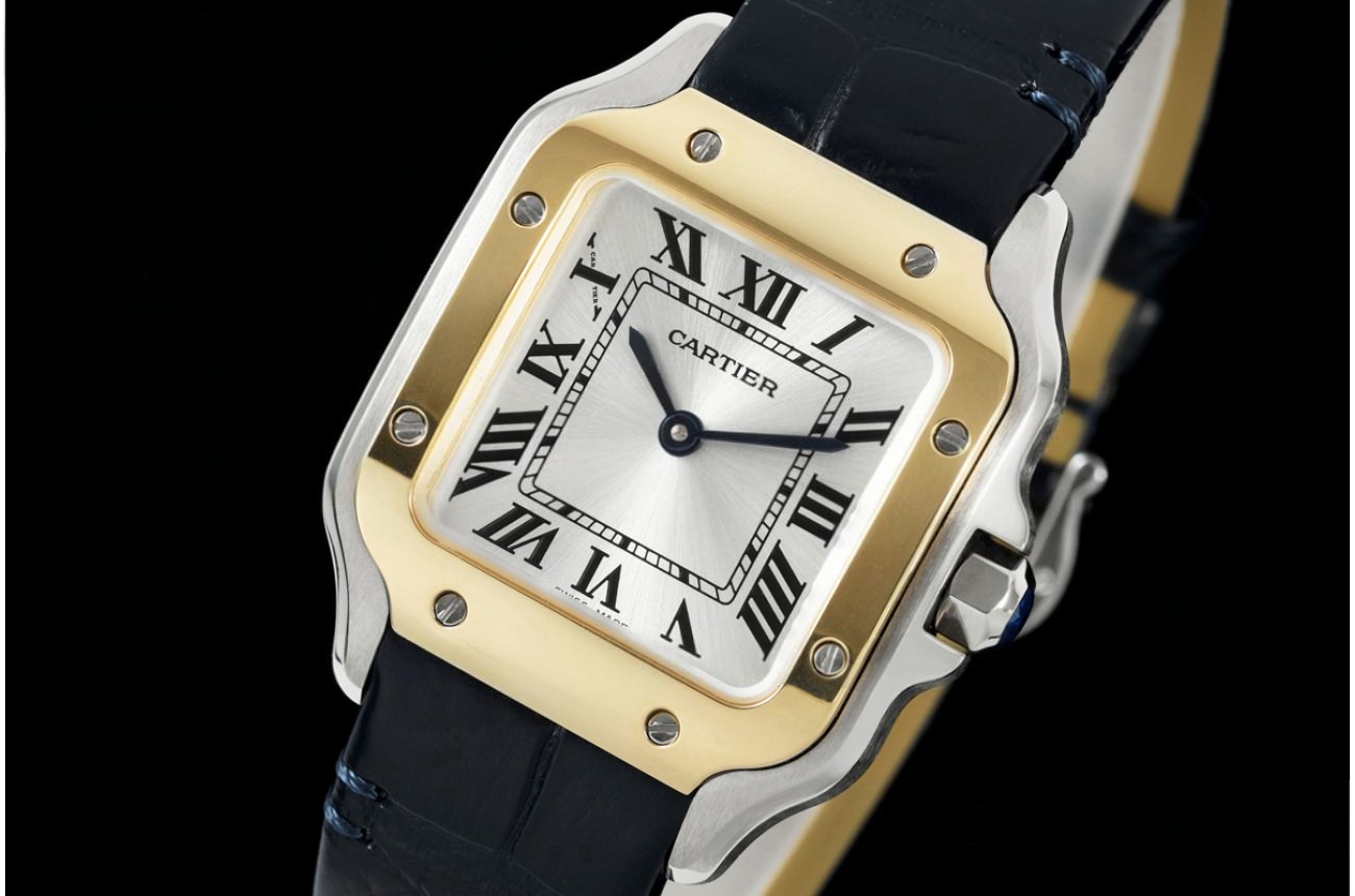 Santos De Cartier 27mm YG Bezel SS/LE Silver Dial Alligator Leather Strap DRF Quartz