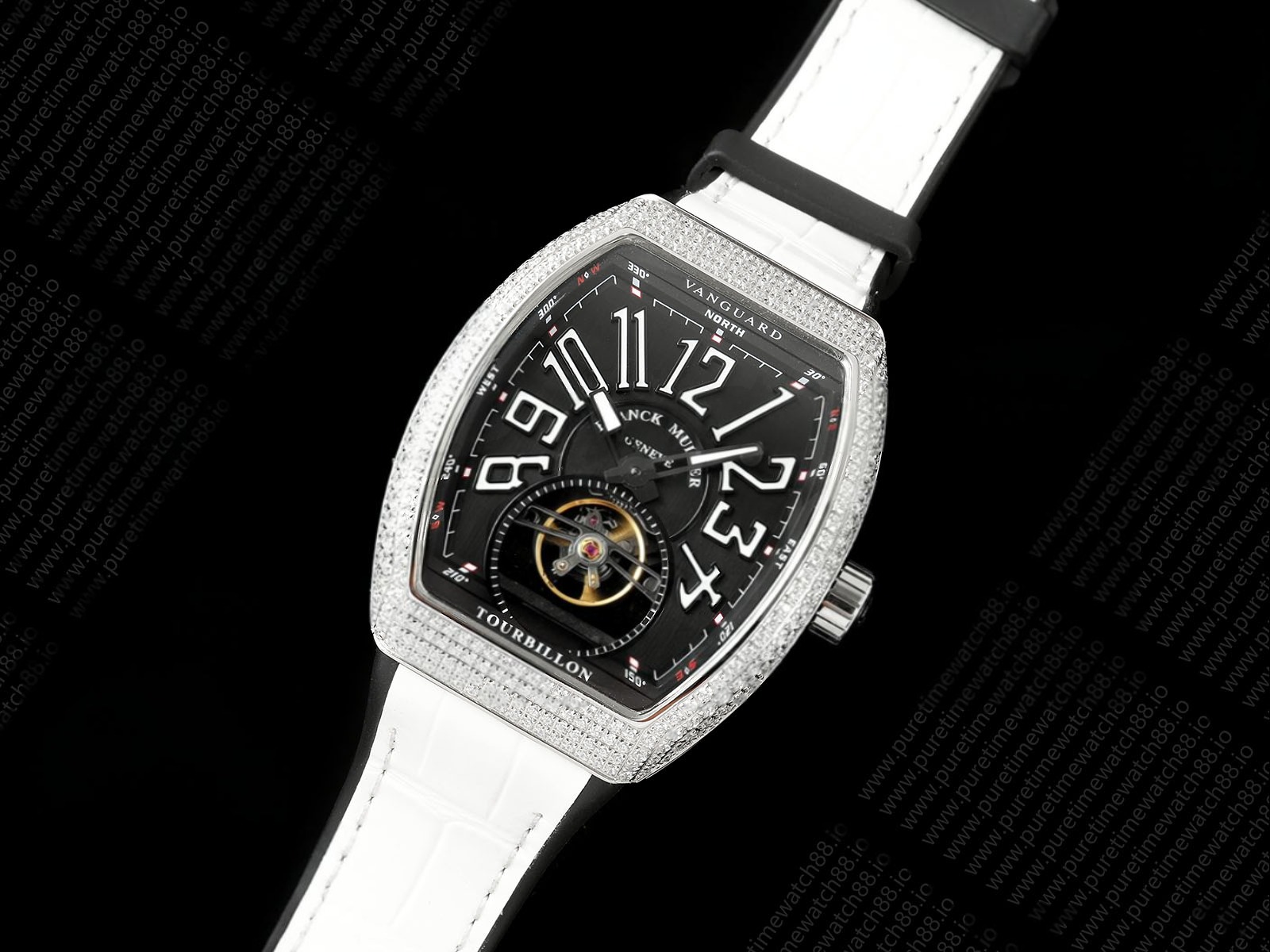 Vanguard Fake Tourbillon SS Diamonds ABF Best Edition Black Dial on White Gummy Strap A23J