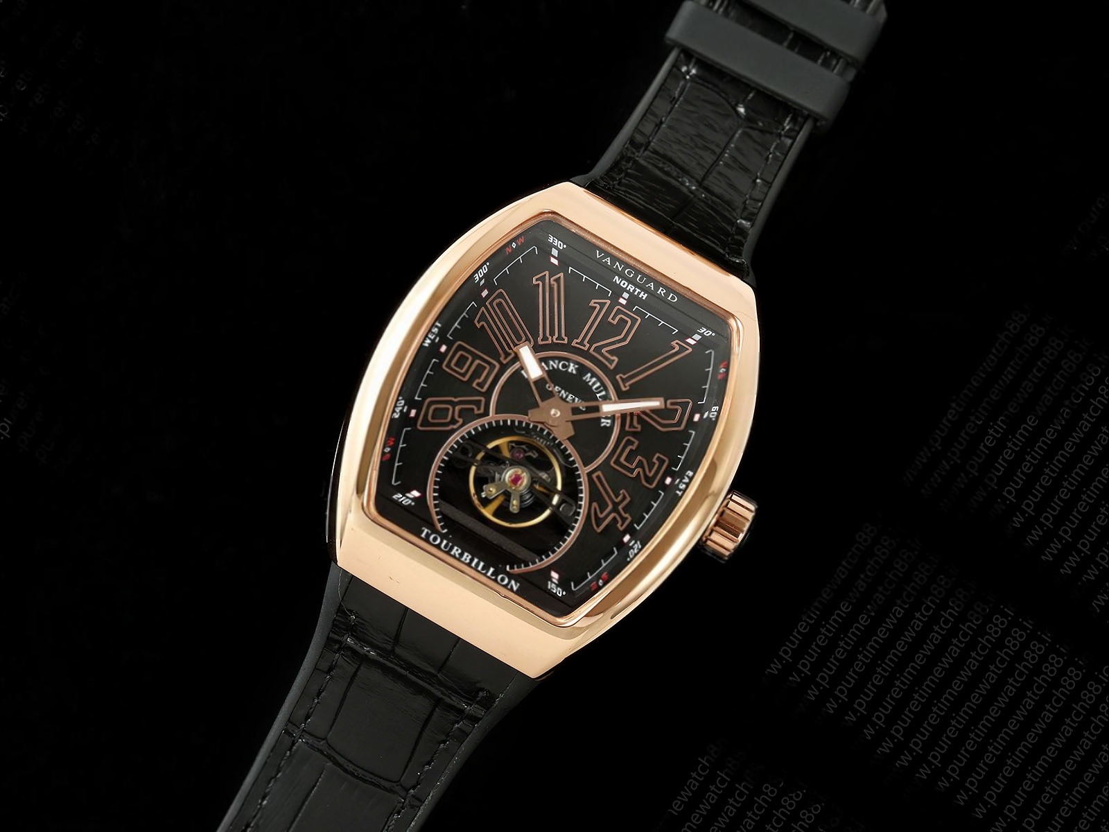 Vanguard Fake Tourbillon RG ABF Best Edition Black Dial on Black Gummy Strap A23J