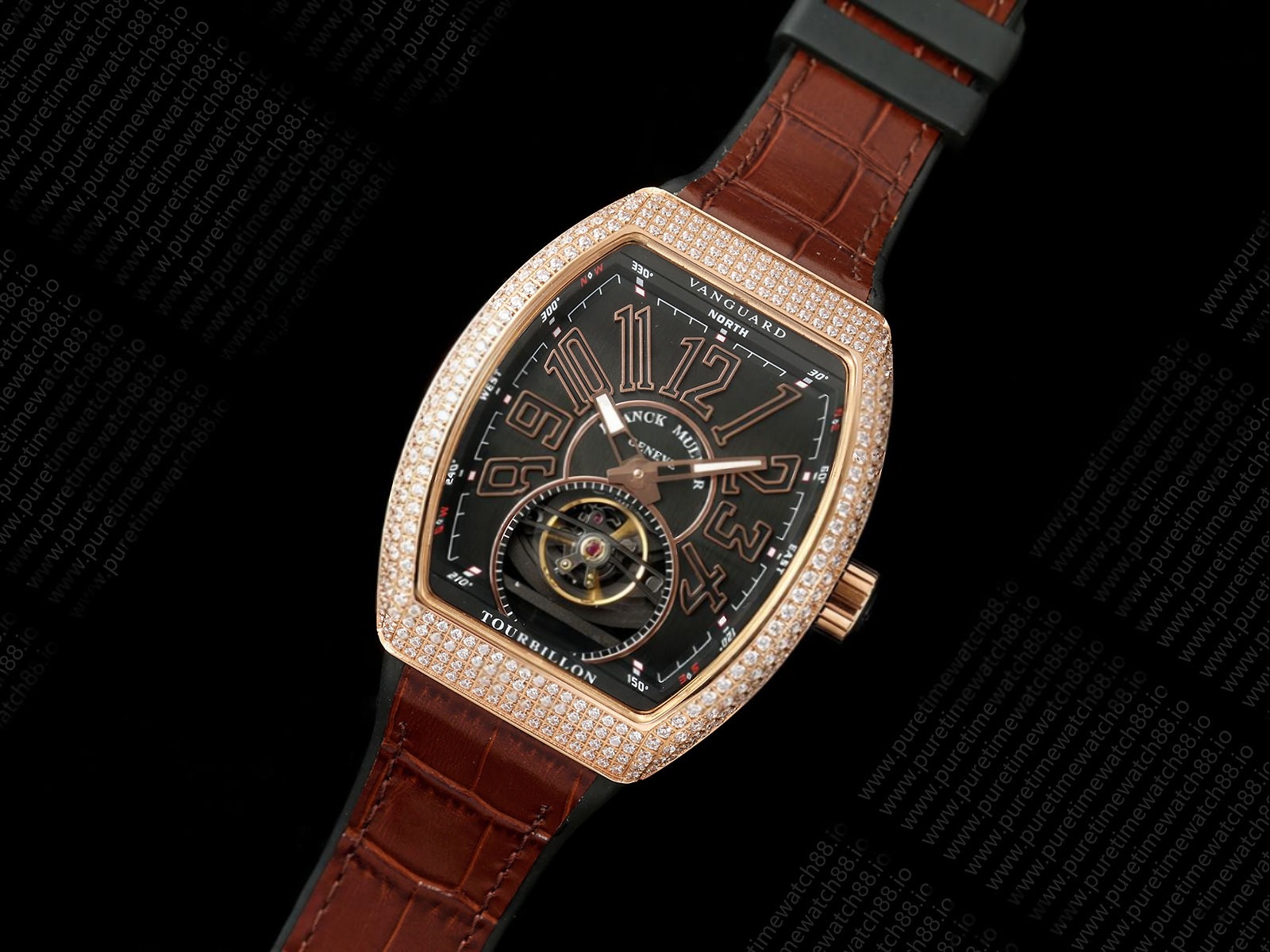 Vanguard Fake Tourbillon RG Diamonds ABF Best Edition Black Dial on Brown Gummy Strap A23J