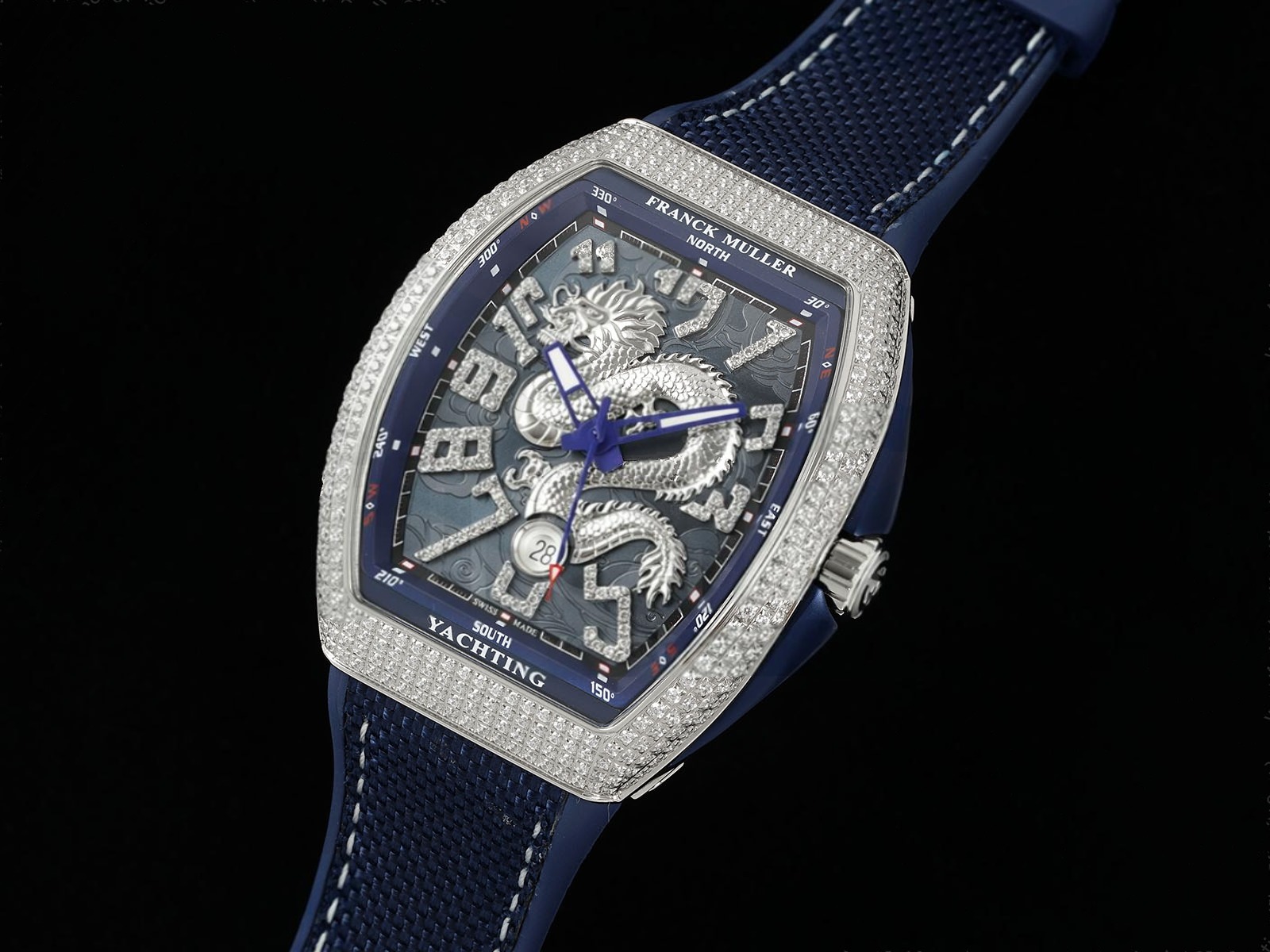 Vanguard V45 SS Full Diamonds ABF Best Edition Silver Dragon Blue Dial on Blue Gummy Strap A2824