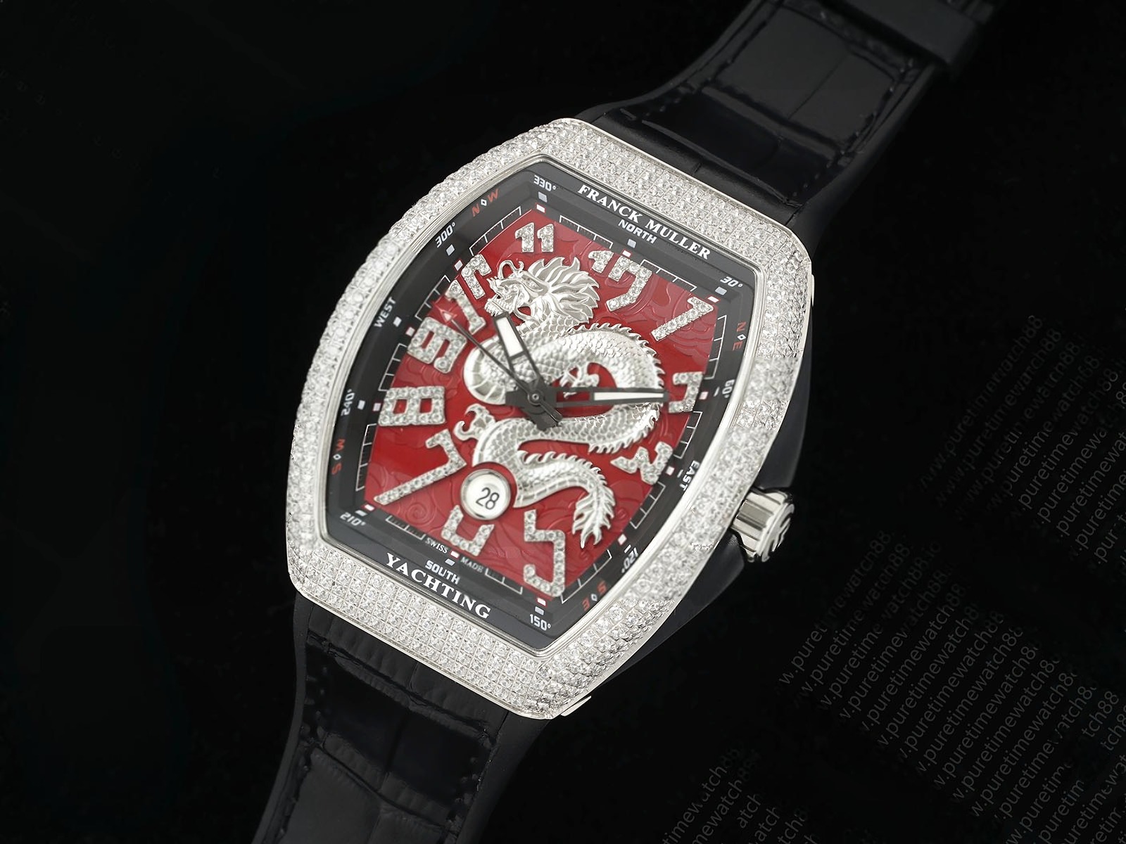 Vanguard V45 SS Full Diamonds ABF Best Edition Silver Dragon Red Dial on Black Gummy Strap A2824