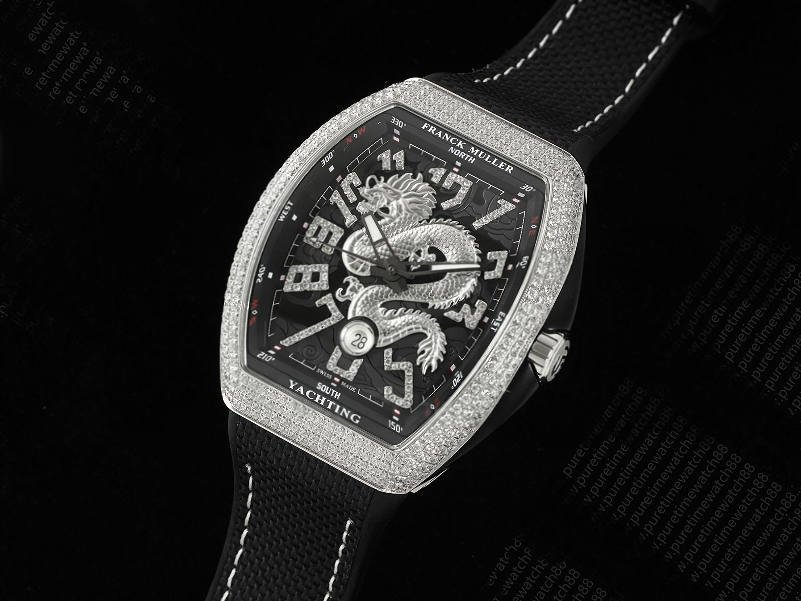 Vanguard V45 SS Full Diamonds ABF Best Edition Silver Dragon Red Dial on Black Nylon Strap A2824