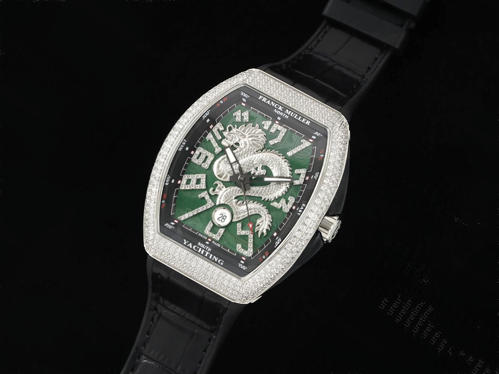 Vanguard V45 SS Full Diamonds ABF Best Edition Silver Dragon Green Dial on Black Gummy Strap A2824