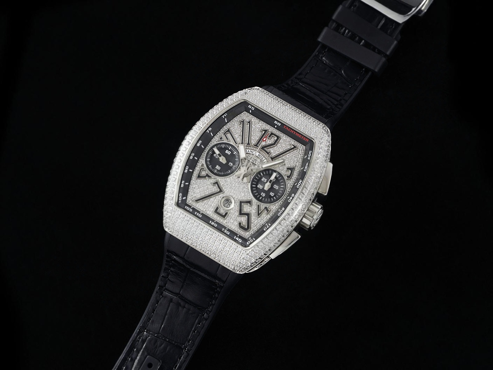 Vanguard Chrono SS ABF 1:1 Best Edition Black Dial Full Diamonds on Black Leather Strap A7750