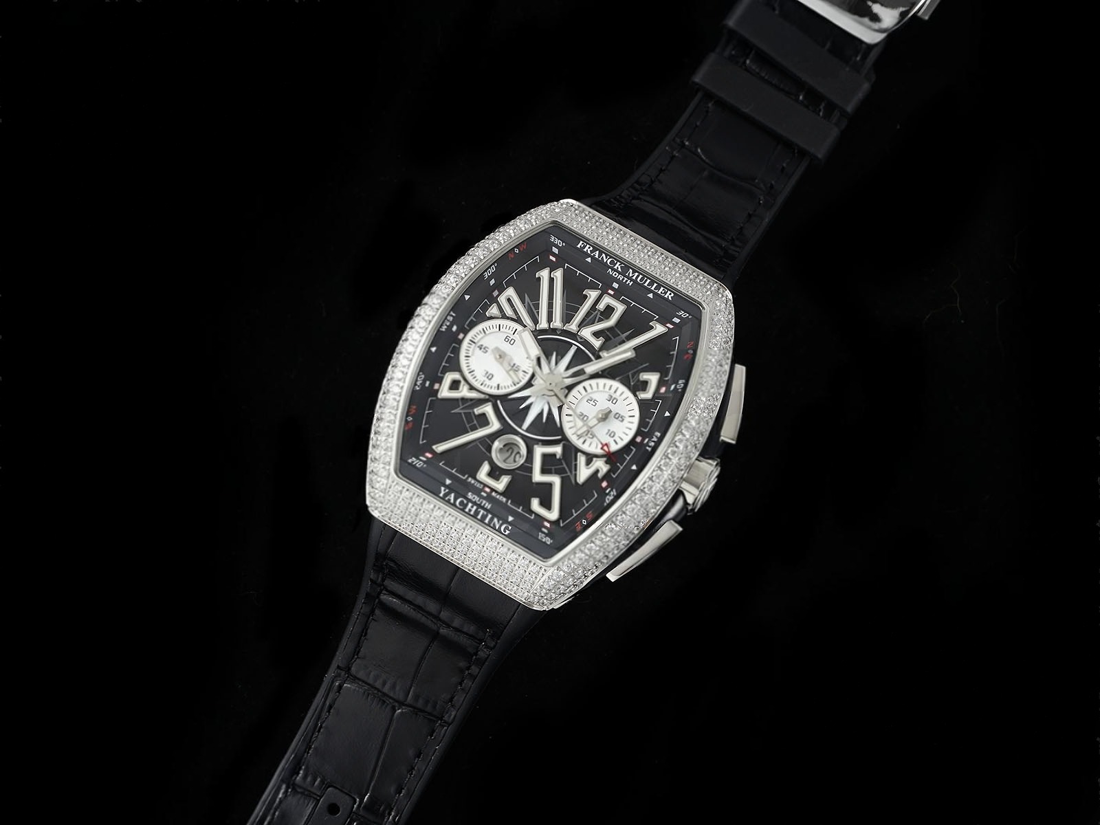 Vanguard Chrono SS Diamonds ABF 1:1 Best Edition Black Dial on Black Leather Strap A7750