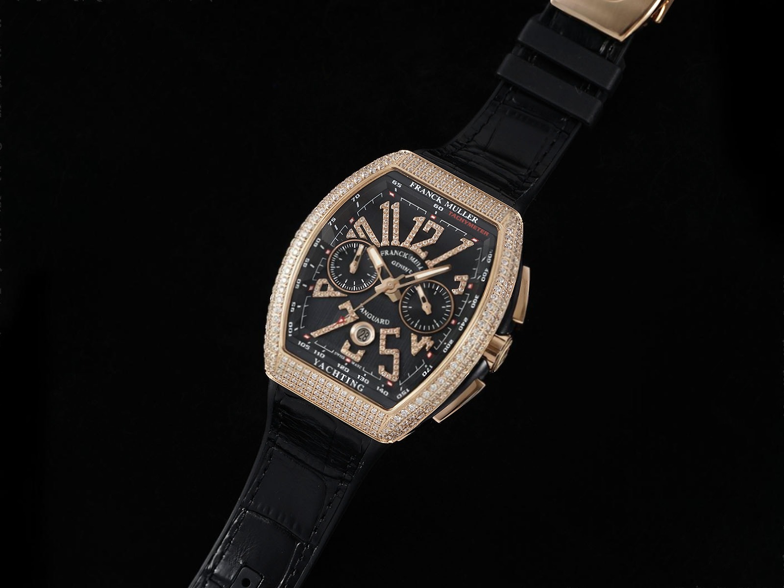 Vanguard Chrono RG Diamonds ABF 1:1 Best Edition Black Dial on Black Leather Strap A7750