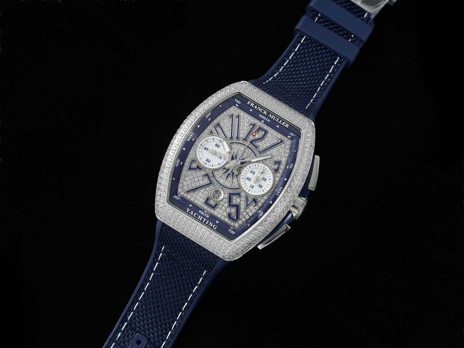 Vanguard Chrono SS ABF 1:1 Best Edition Blue Dial Full Diamonds on Blue Nylon Strap A7750
