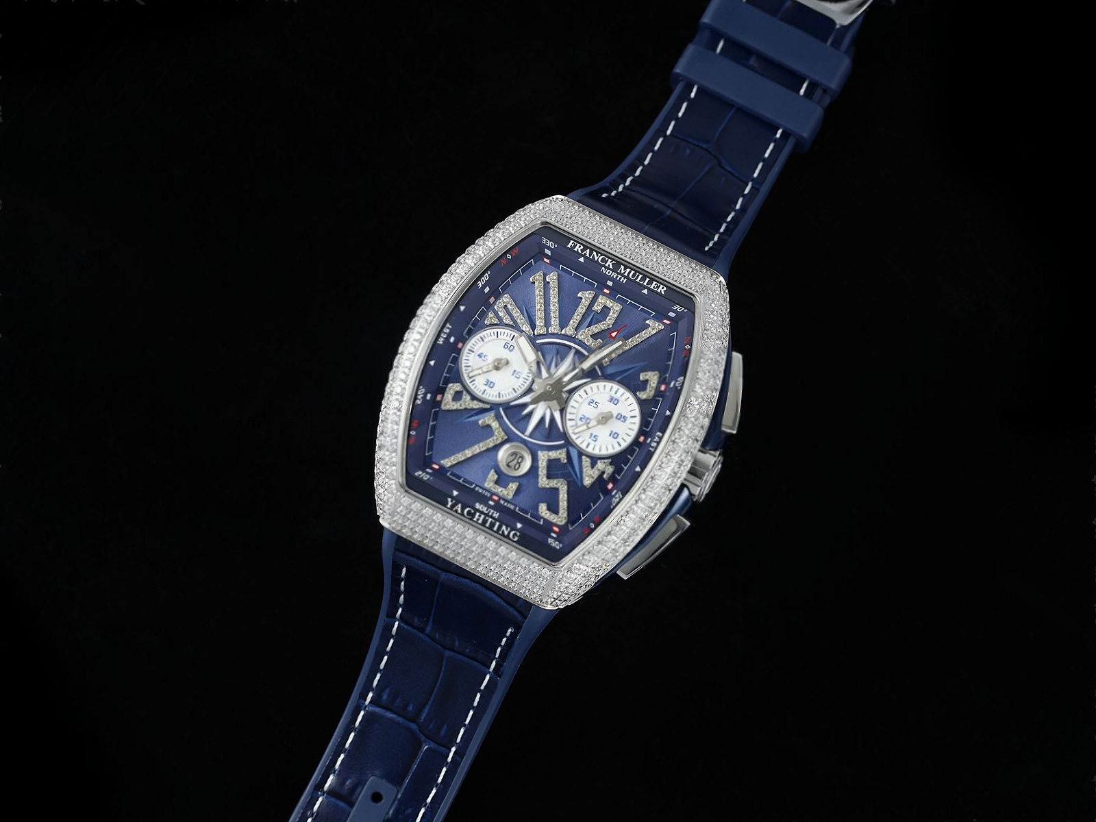 Vanguard Chrono SS Diamonds ABF 1:1 Best Edition Blue Textured Dial on Blue Leather Strap A7750