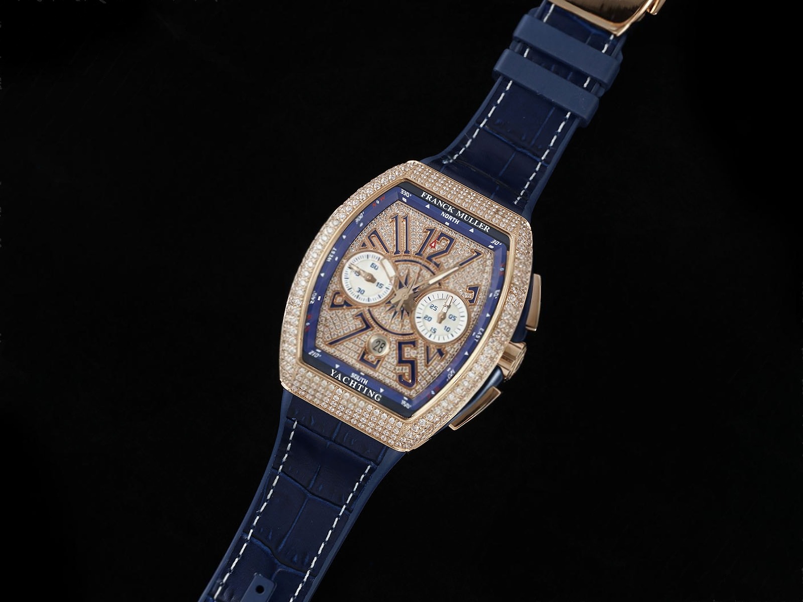 Vanguard Chrono RG ABF 1:1 Best Edition Blue Dial Full Diamonds on Blue Leather Strap A7750