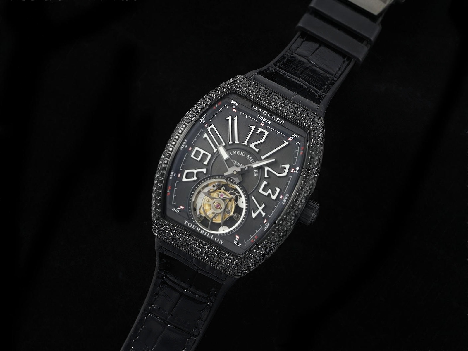 Vanguard Tourbillon PVD Full Diamonds ABF Best Edition Gray Dial White Marker on Black Leather Strap