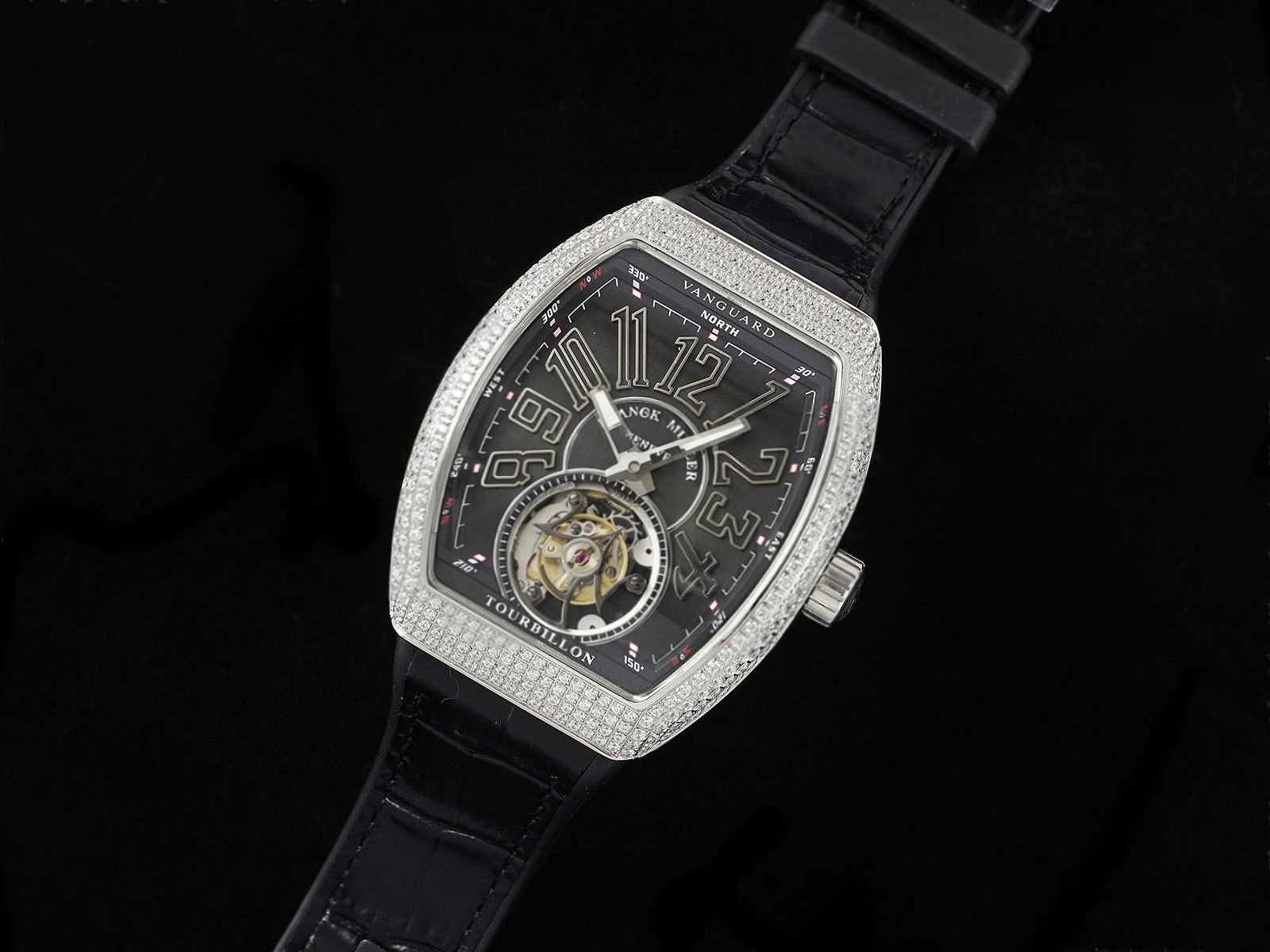 Vanguard Tourbillon SS Full Diamonds ABF Best Edition Gray Dial Black Marker on Black Leather Strap