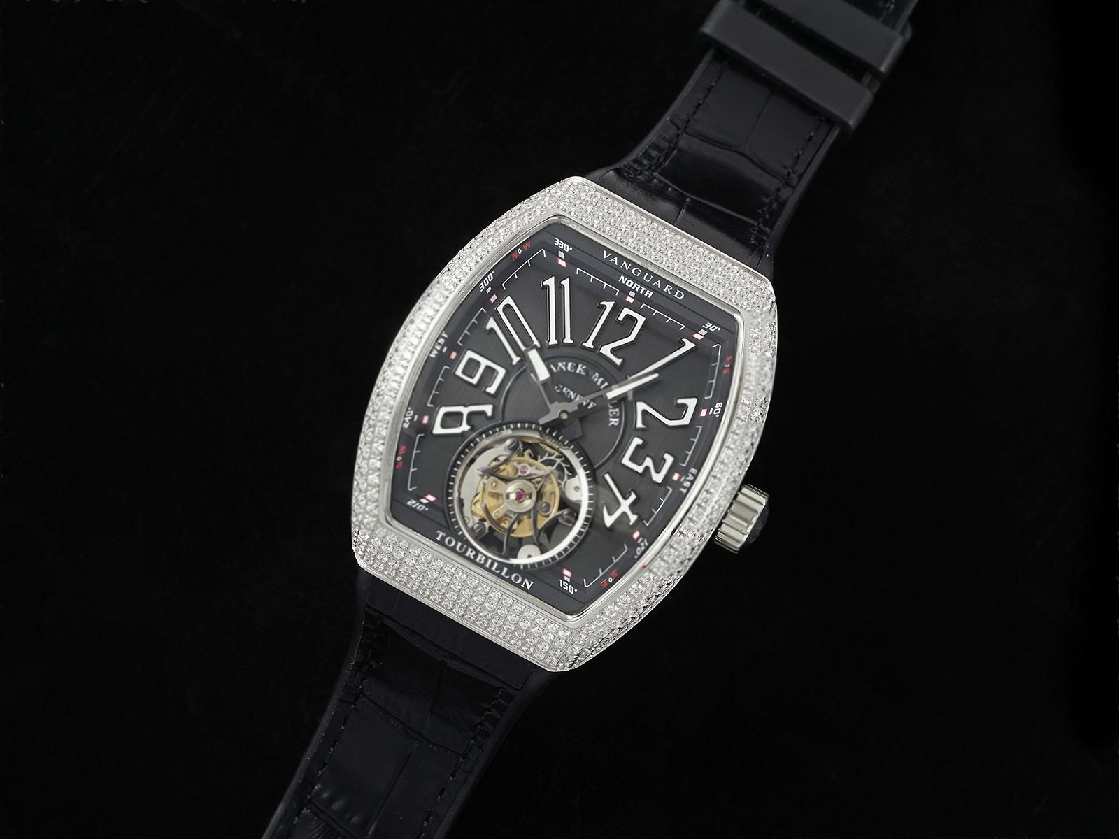 Vanguard Tourbillon SS Full Diamonds ABF Best Edition Gray Dial White Marker on Black Leather Strap