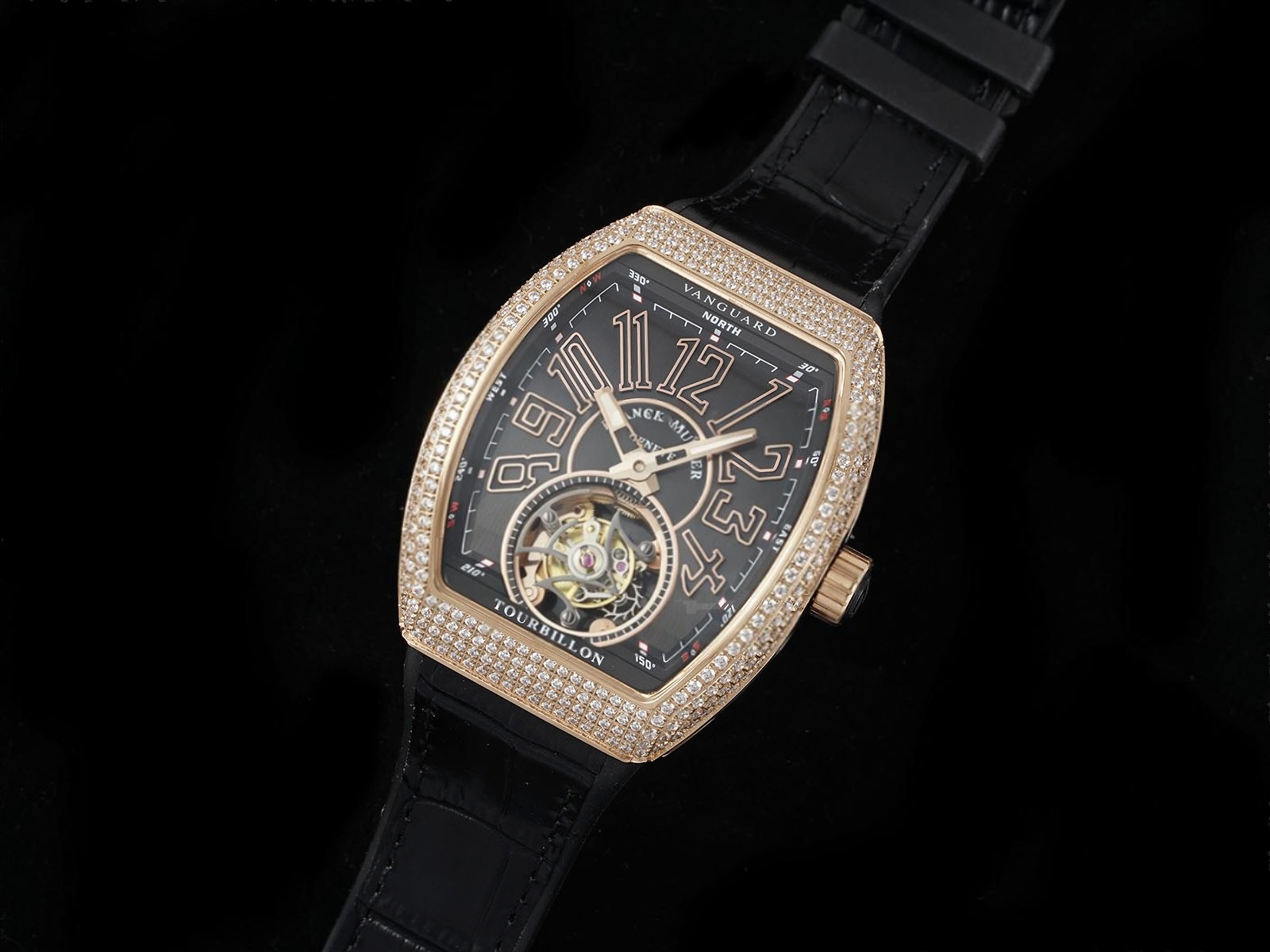 Vanguard Tourbillon RG Full Diamonds ABF Best Edition Gray Dial Black Marker on Black Leather Strap