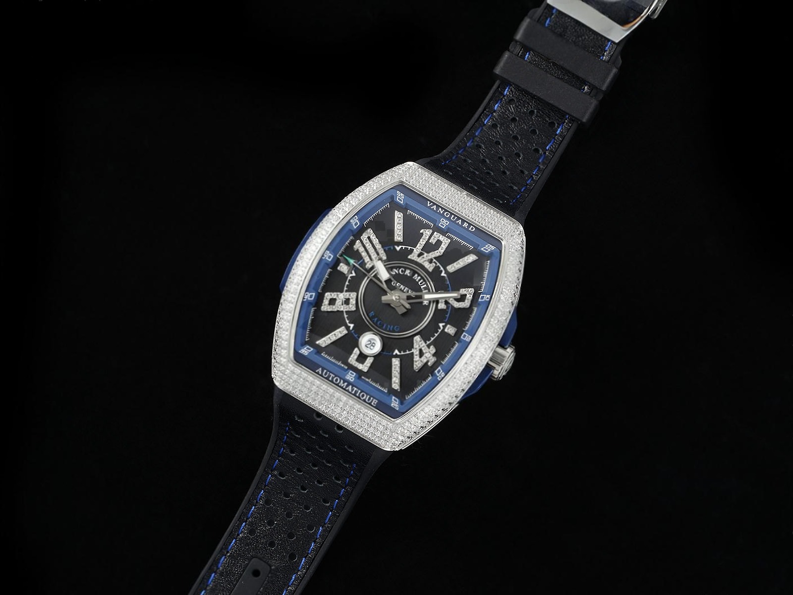 Vanguard V45 SS ABF Best Edition Black Dial Blue Inner Bezel Diamonds Bezel on Black Leather Strap A2824