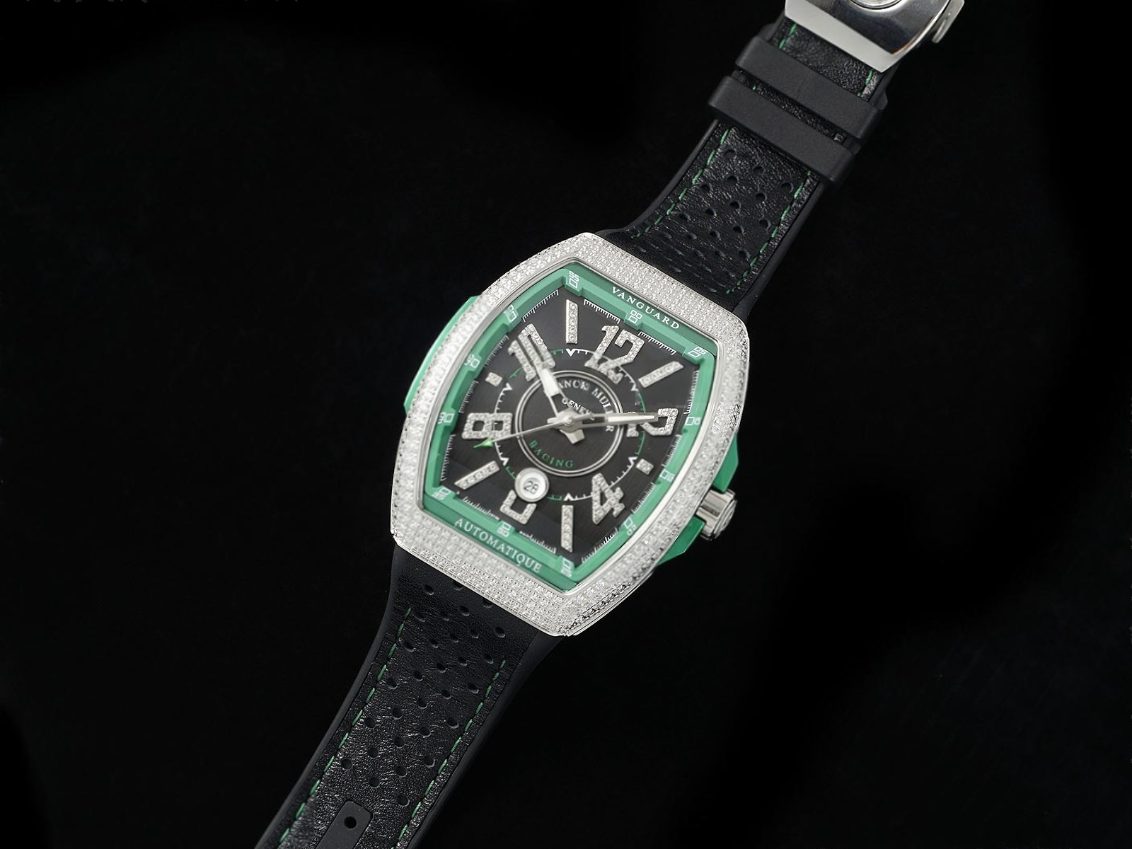 Vanguard V45 SS ABF Best Edition Black Dial Green Inner Bezel Diamonds Bezel on Black Leather Strap A2824