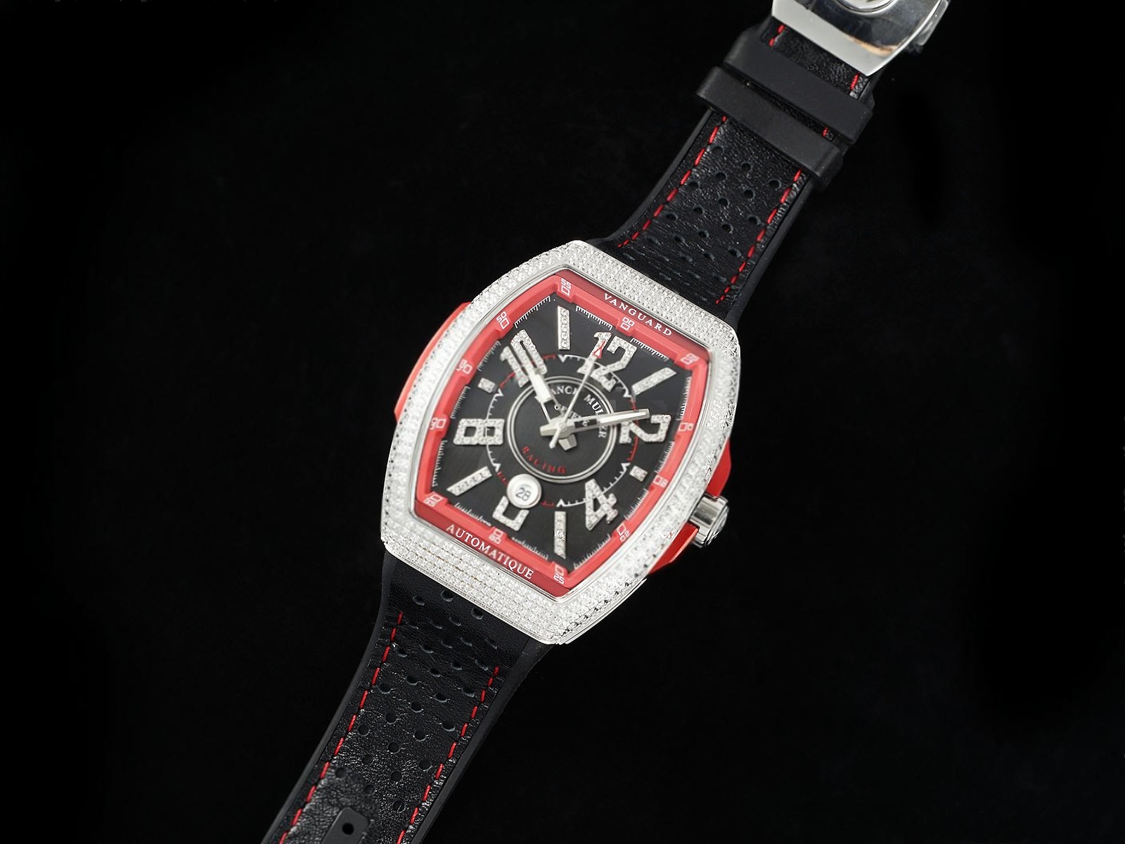 Vanguard V45 SS ABF Best Edition Black Dial Red Inner Bezel Diamonds Bezel on Black Leather Strap A2824