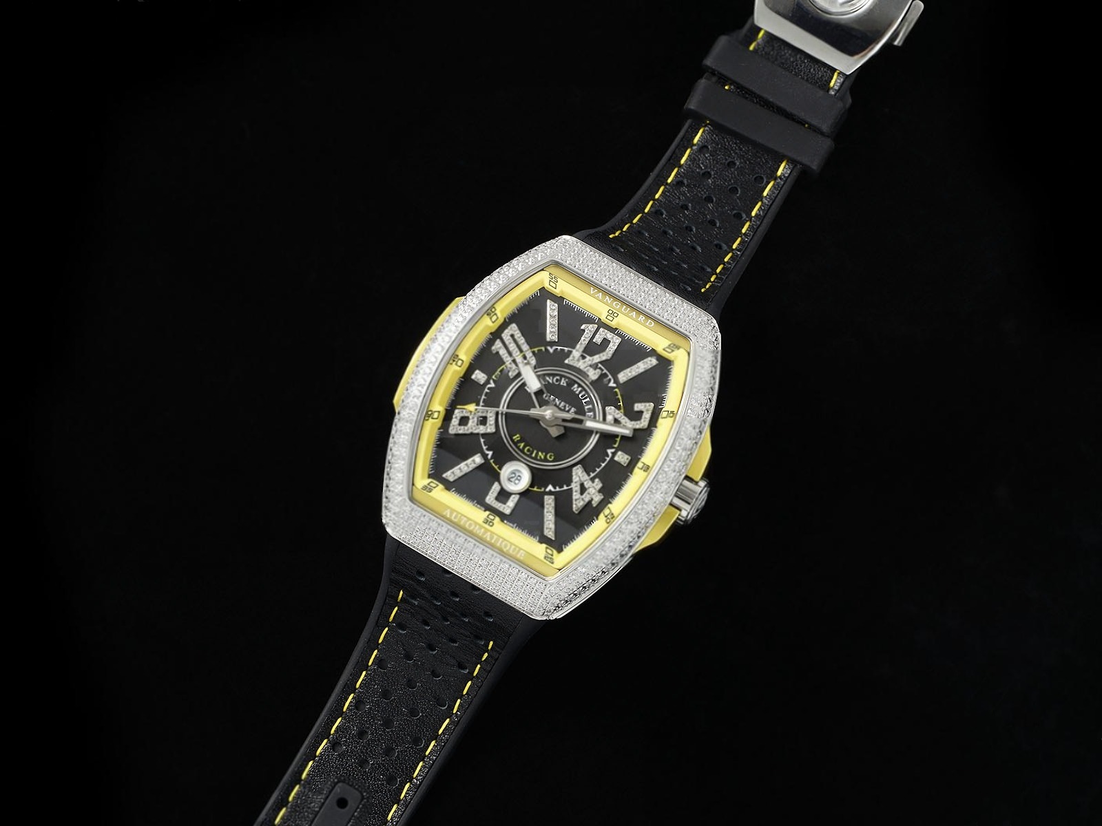 Vanguard V45 SS ABF Best Edition Black Dial Yellow Inner Bezel Diamonds Bezel on Black Leather Strap A2824