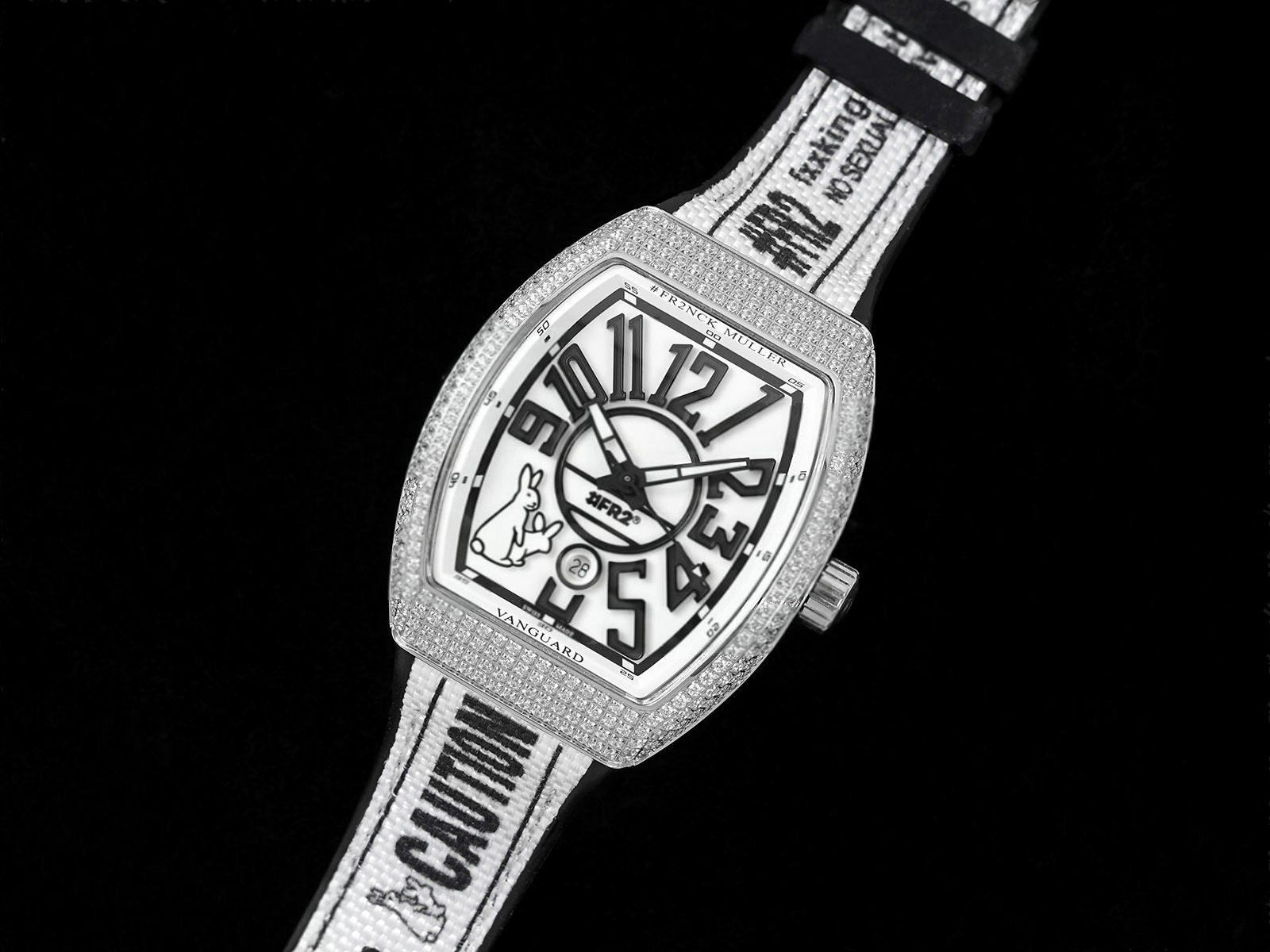 #FR2NCK Muller Vanguard SS Full Diamonds ABF Best Edition White Dial on Black Rubber Strap A2824