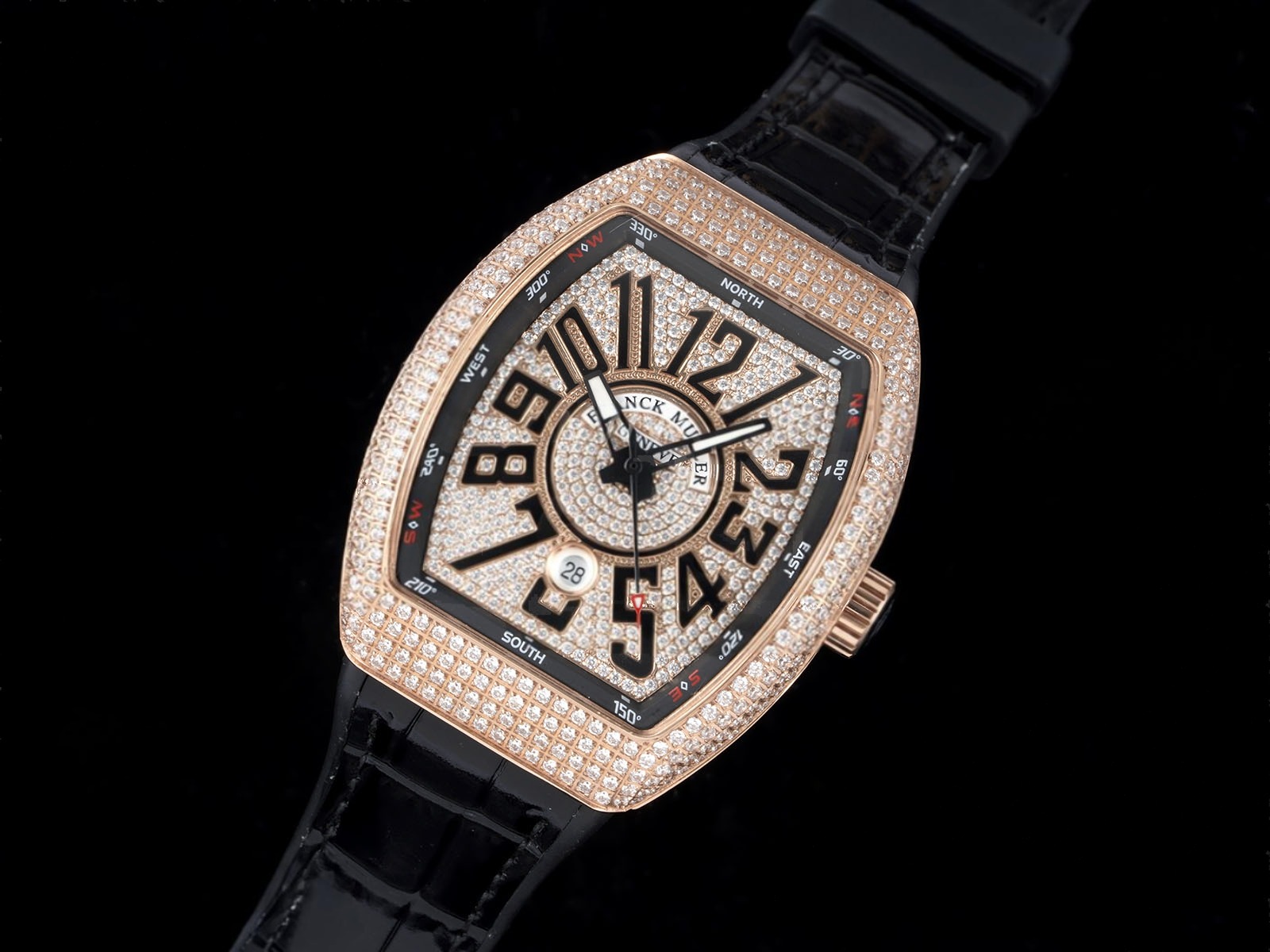 Vanguard V45 RG ABF Best Edition Full Diamonds Dial on Black Leather Strap A2824