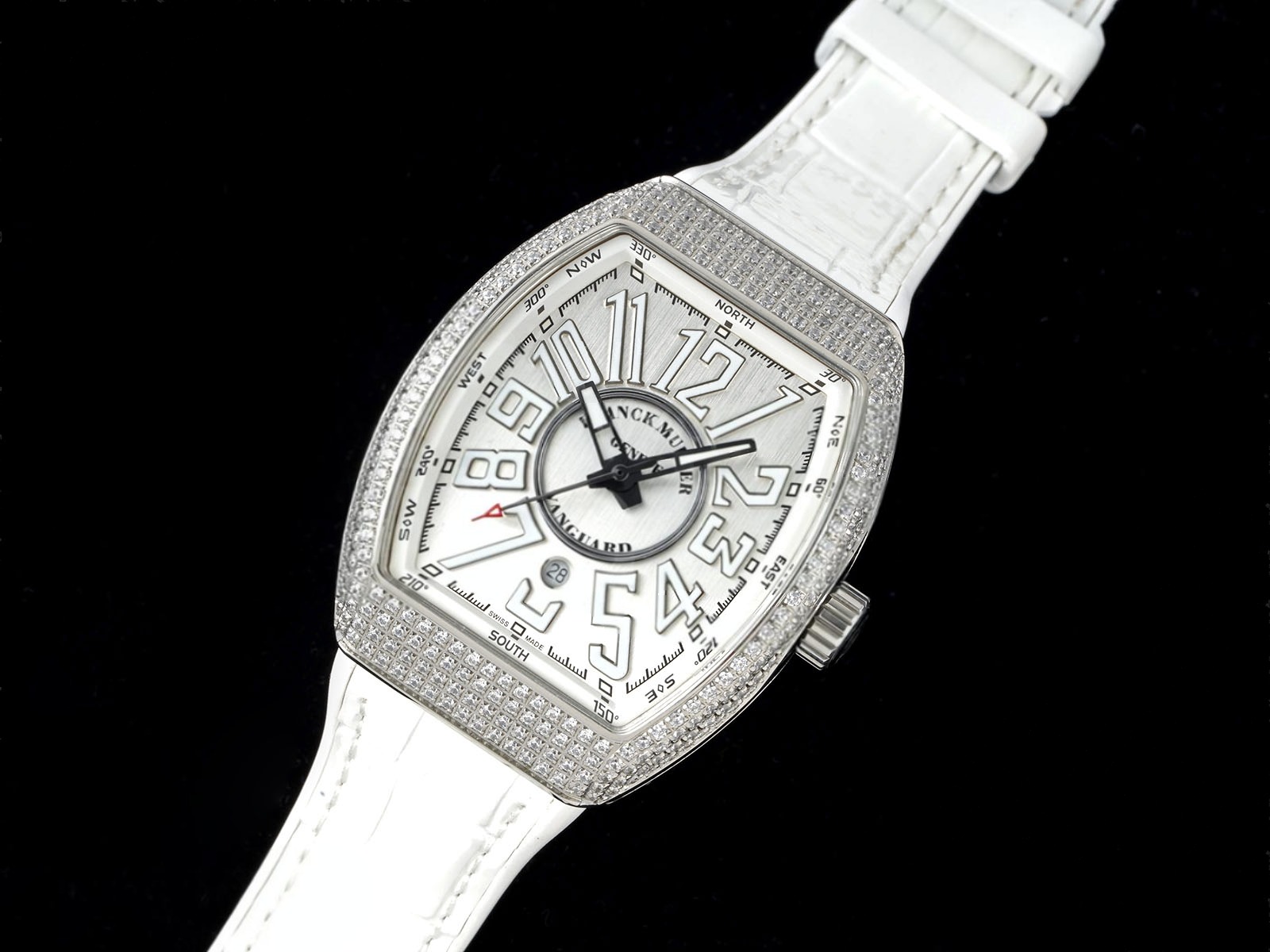 Vanguard V45 SS ABF Best Edition Full Diamonds Case Silver Dial on White Leather Strap A2824