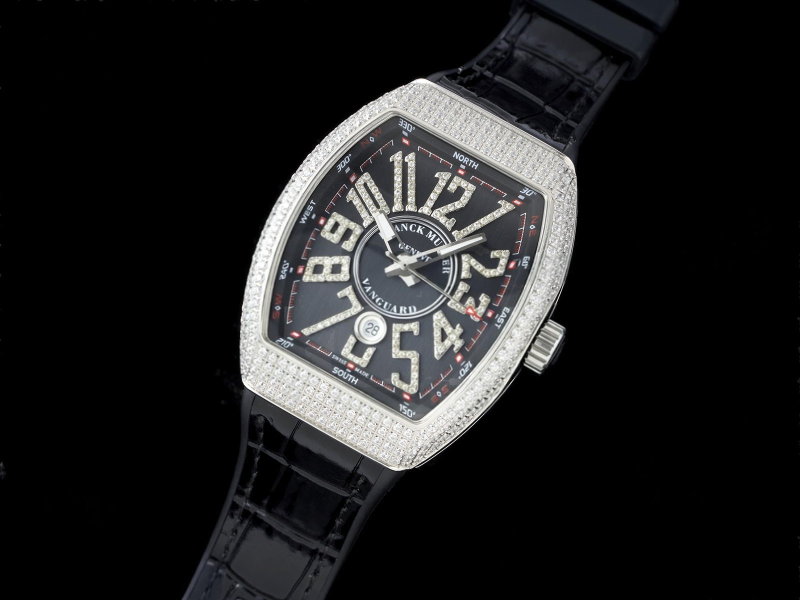 Vanguard V45 SS ABF Best Edition Full Diamonds Case Black Dial on Black Leather Strap A2824