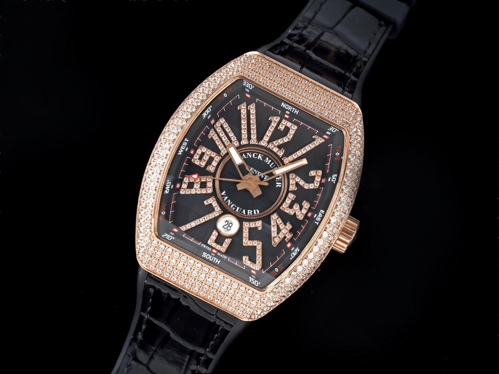 Vanguard V45 RG ABF Best Edition Full Diamonds Case Black Dial on Black Leather Strap A2824