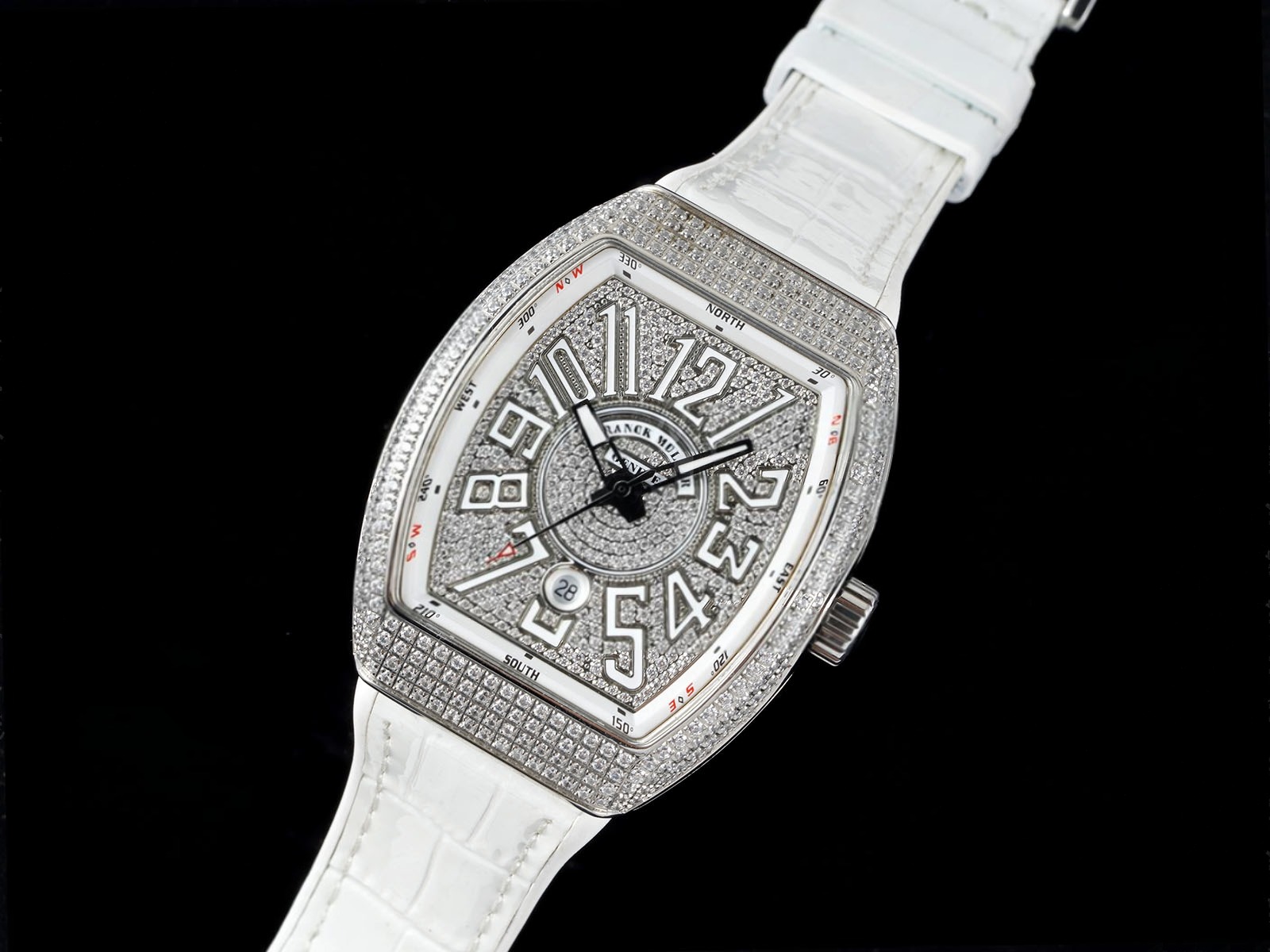 Vanguard V45 SS ABF Best Edition Full Diamonds Dial on White Leather Strap A2824