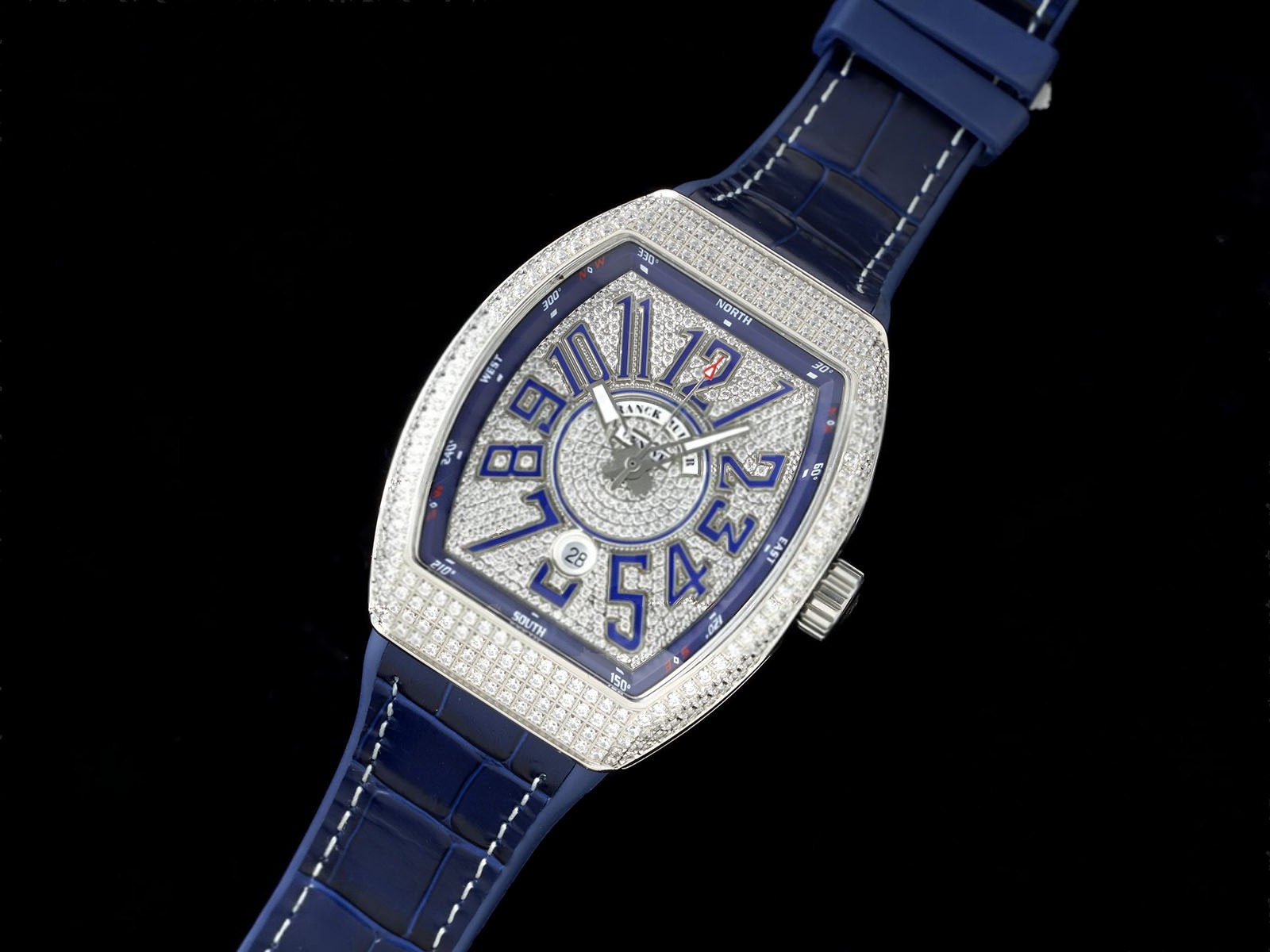 Vanguard V45 SS ABF Best Edition Full Diamonds Dial on Blue Leather Strap A2824