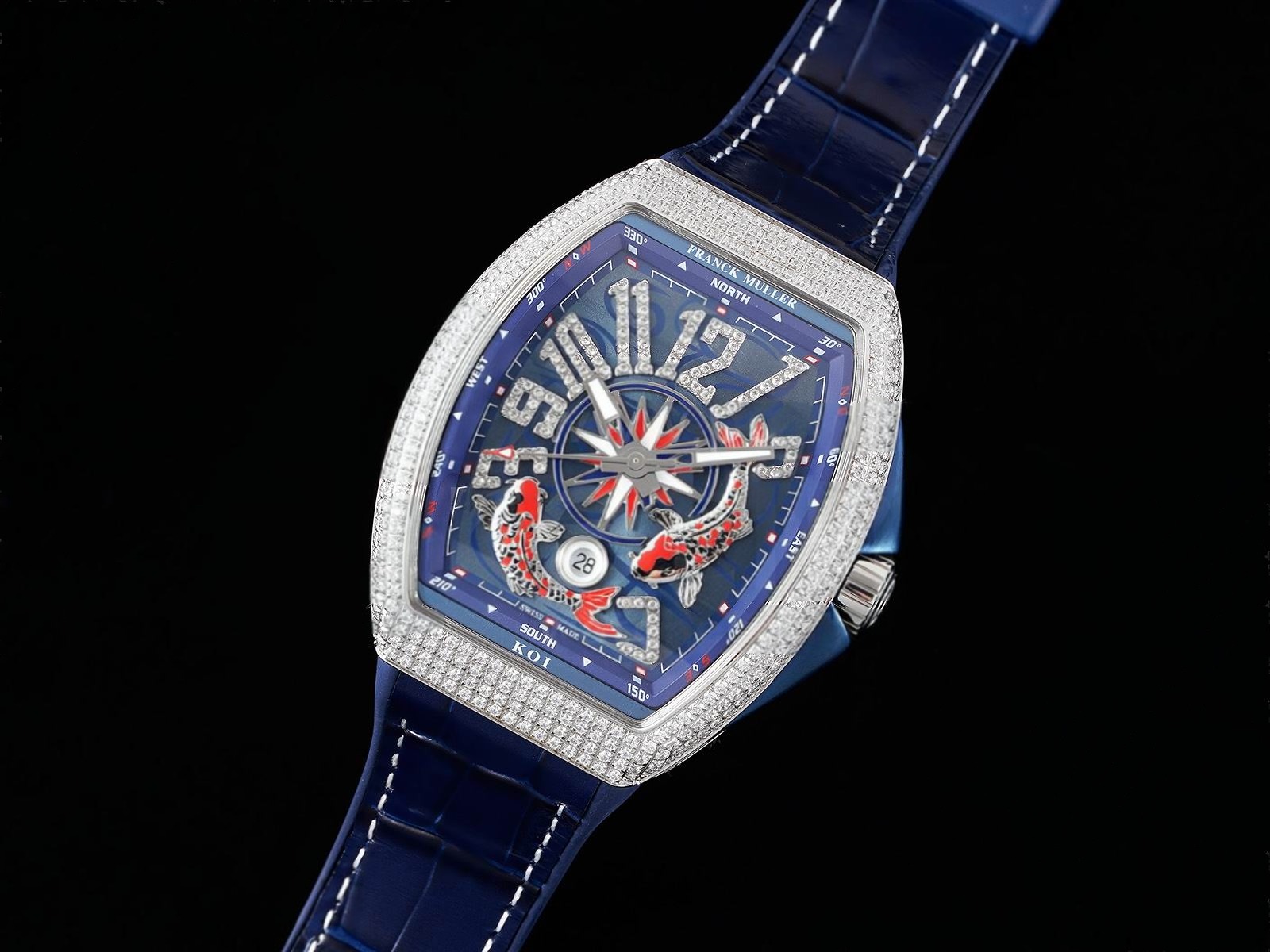 Vanguard V45 KOI Full Diamonds SS ABF 1:1 Best Edition Blue Fish Dial on Blue Gummy Strap A2824