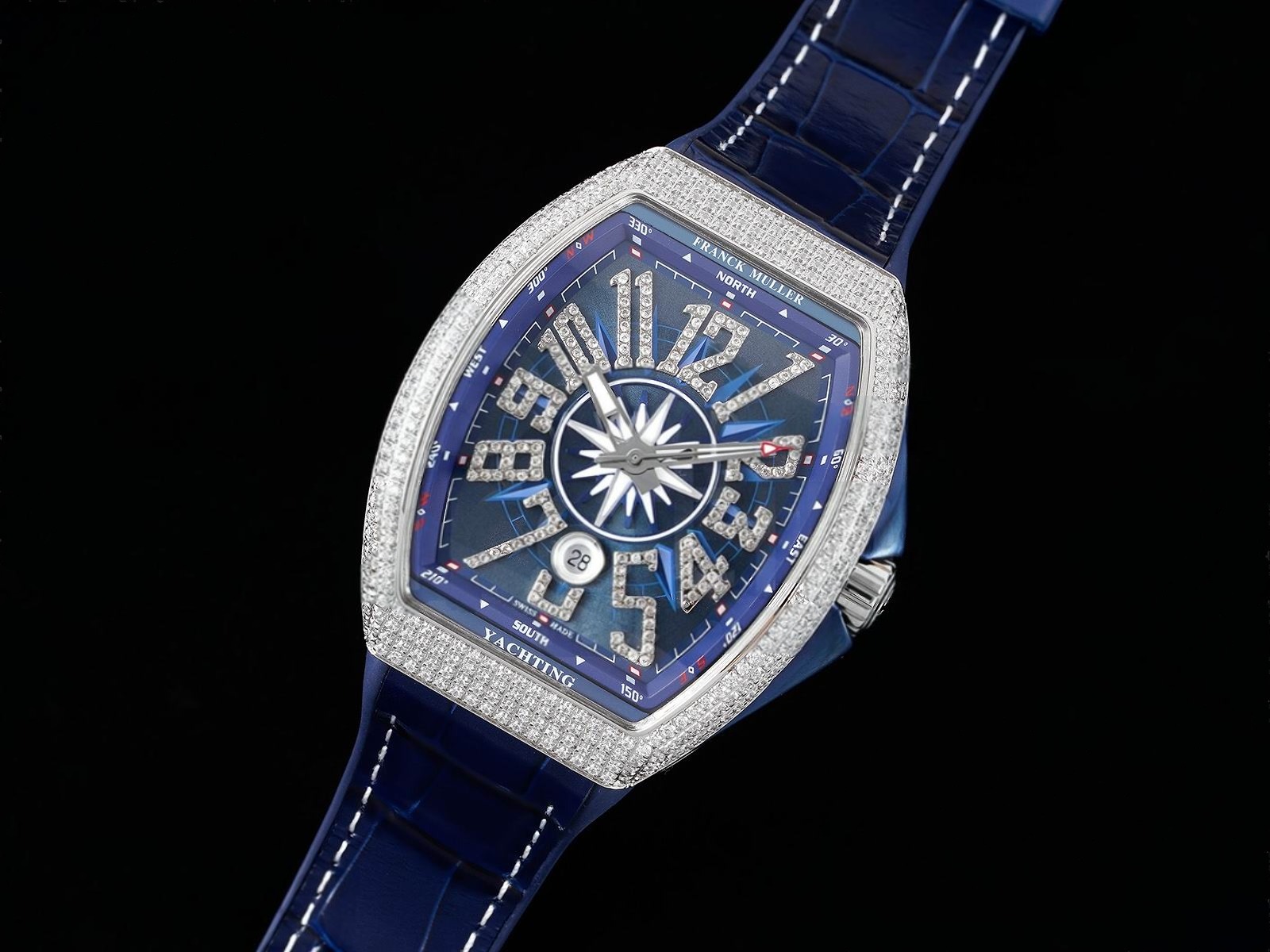 Vanguard V45 Yachting Full DIamonds SS ABF 1:1 Best Edition Blue Textured Dial on Blue Gummy Strap A2824