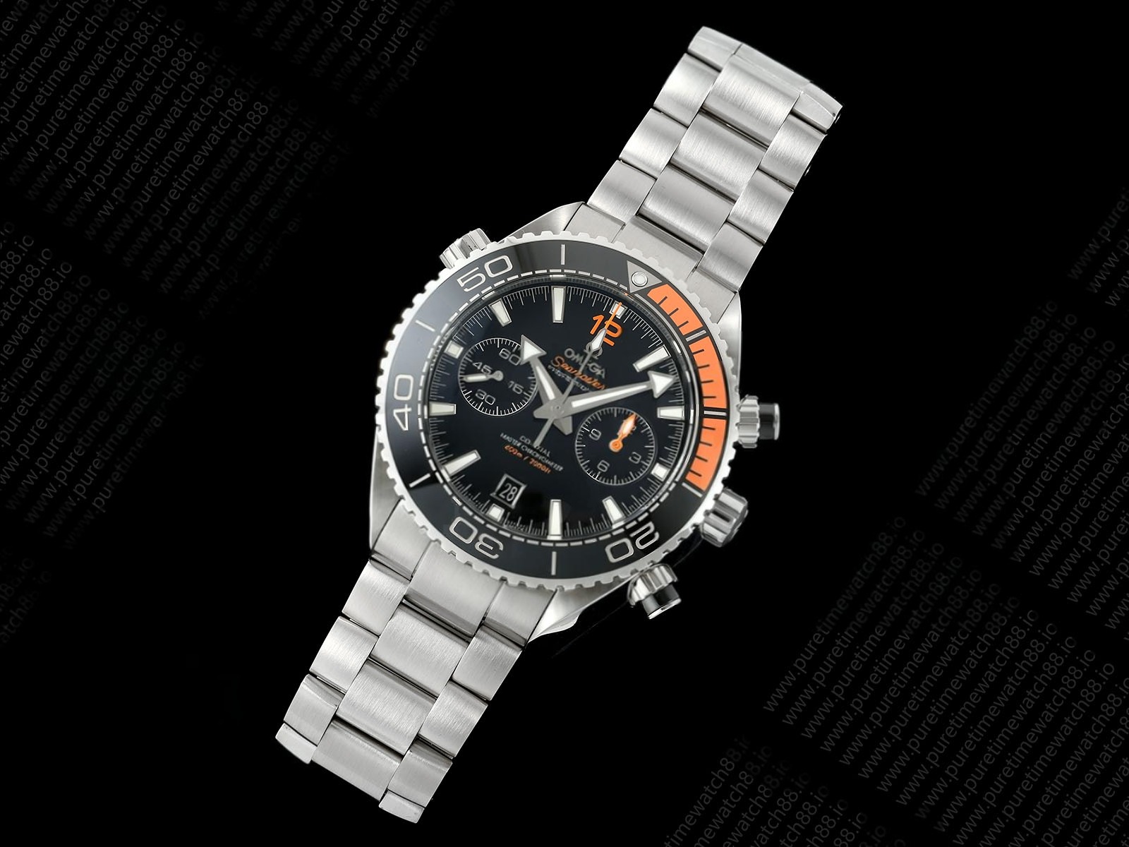 Planet Ocean 600M Chrono SS SCF 1:1 Best Edition Black Dial 1/4 Orange Bezel on SS Bracelet A9900
