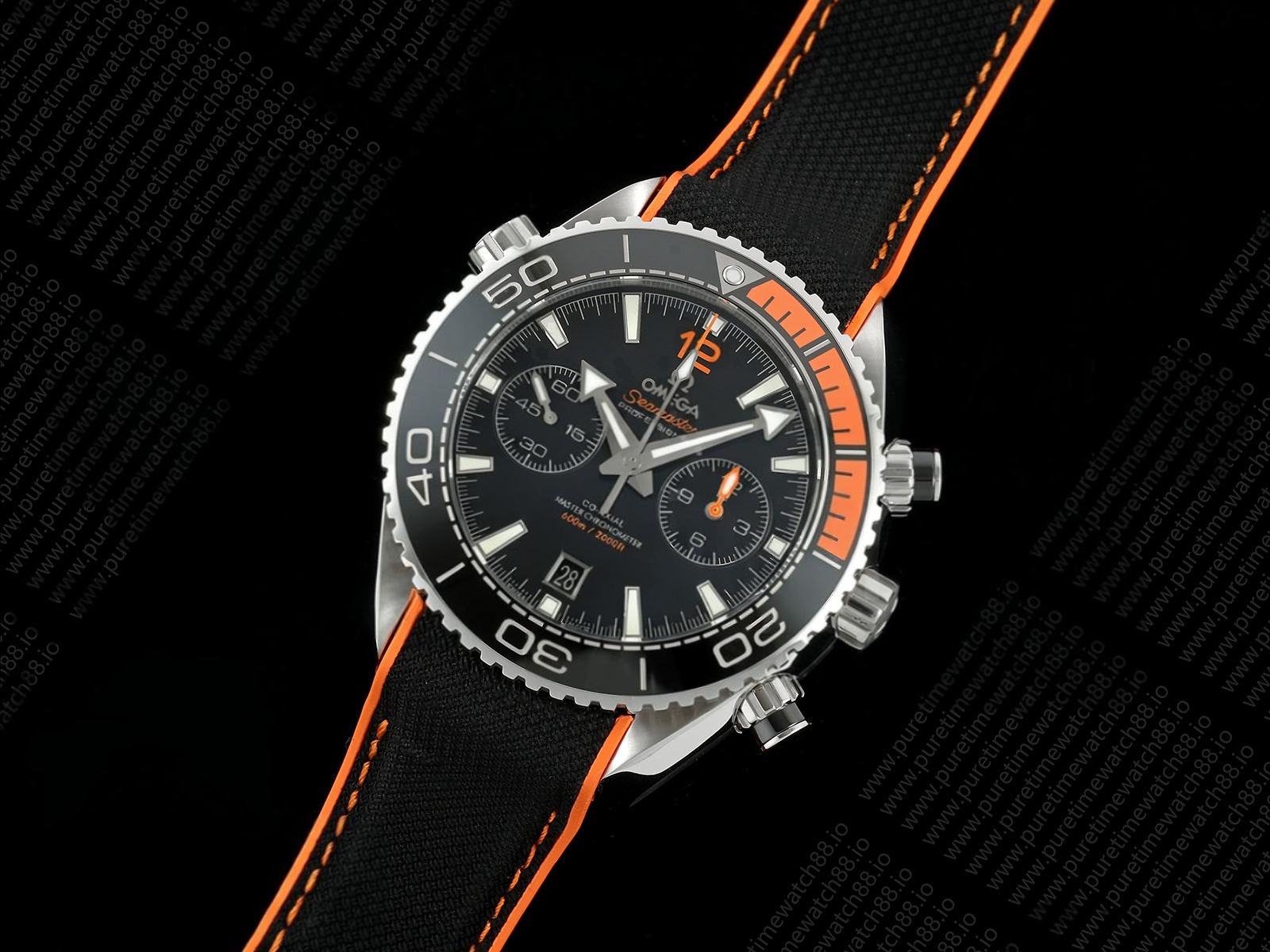 Planet Ocean 600M Chrono SS SCF 1:1 Best Edition Black Dial 1/4 Orange Bezel on Rubber Strap A9900