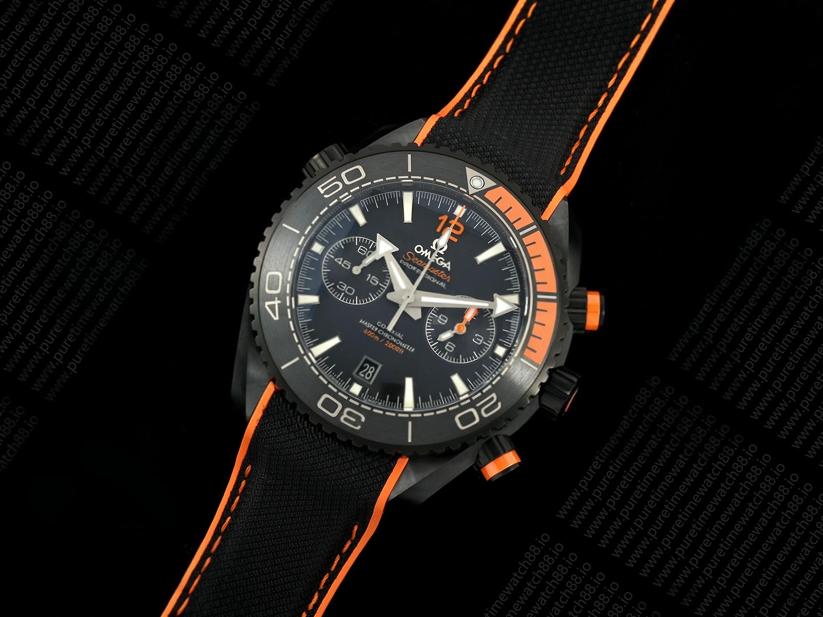 Planet Ocean 600M Chrono Black Ceramic SCF 1:1 Best Edition Black Dial 1/4 Orange Bezel on Rubber Strap A9900