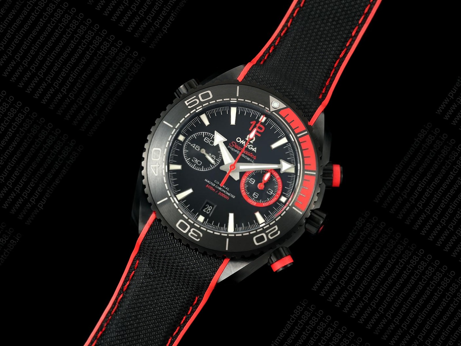 Planet Ocean 600M Chrono Black Ceramic SCF 1:1 Best Edition Black Dial 1/4 Red Bezel on Rubber Strap A9900